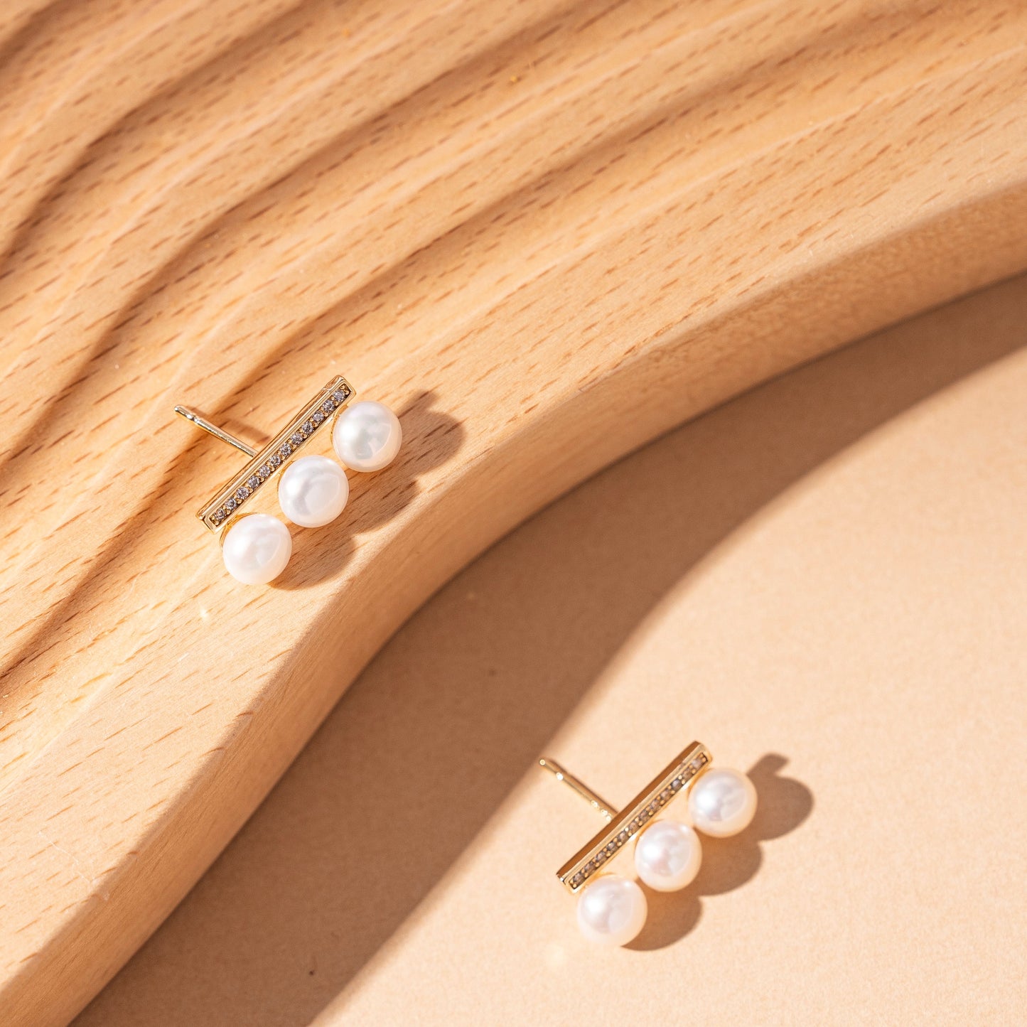STELLA MARGARITA earrings featuring three pearls and gold bar design unique pearl jewelry for women