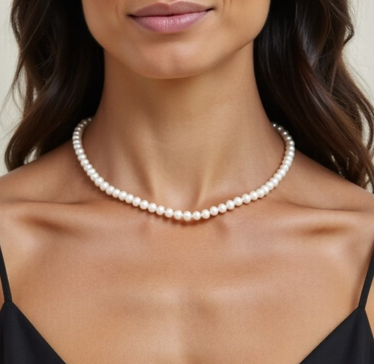 STELLA MARGARITA handcrafted pearl necklace for women worn on model with black top