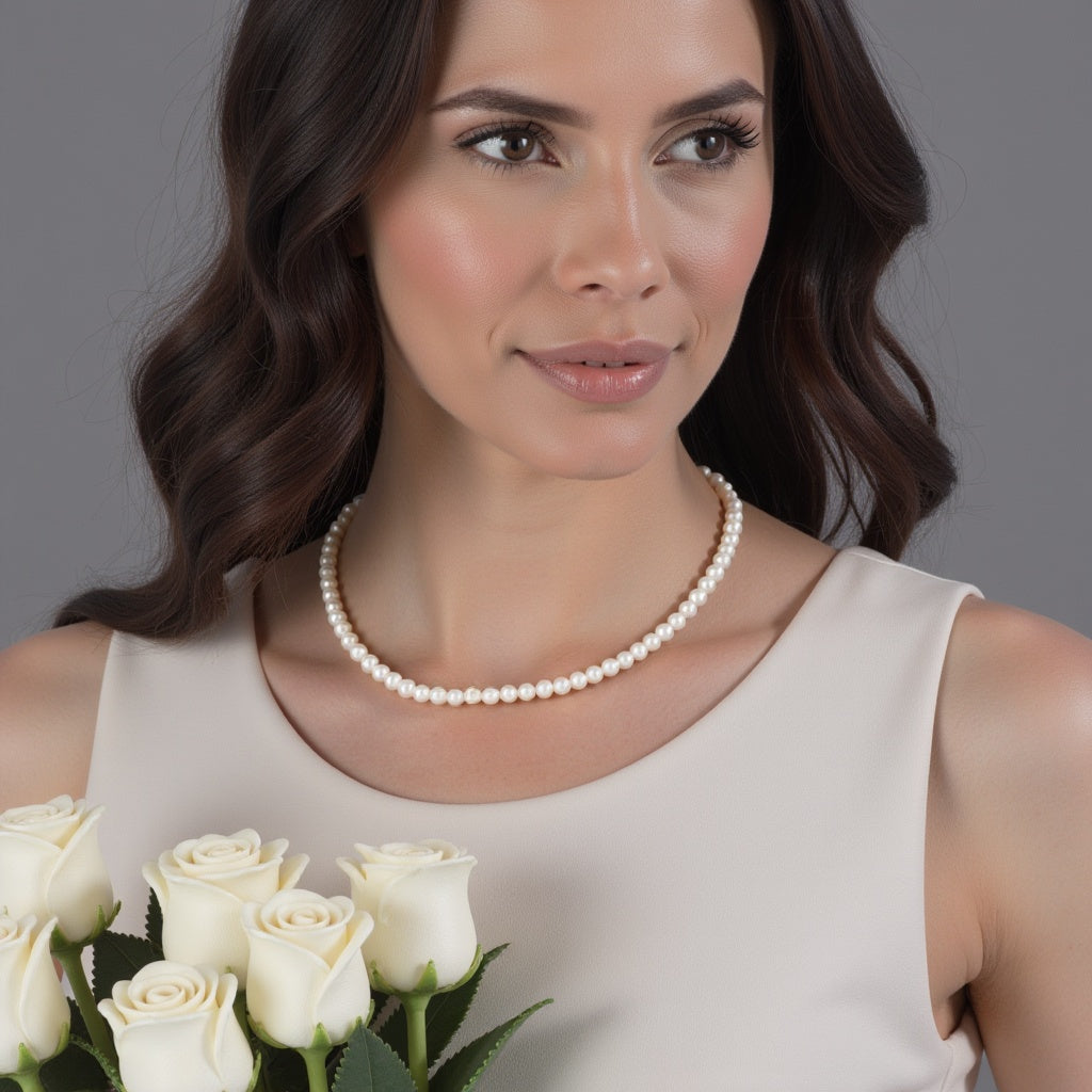 STELLA MARGARITA handcrafted pearl necklace for women worn by model with white roses