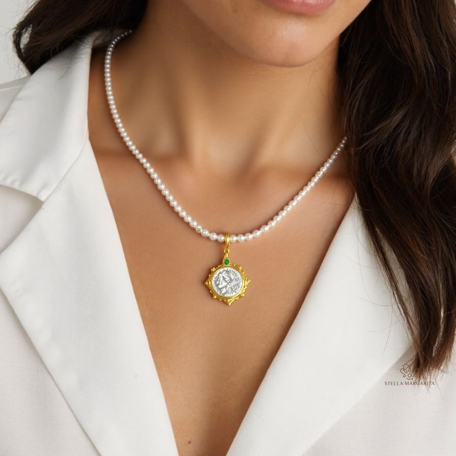 STELLA MARGARITA ancient roman coin pearl choker with gold charm and delicate white pearls