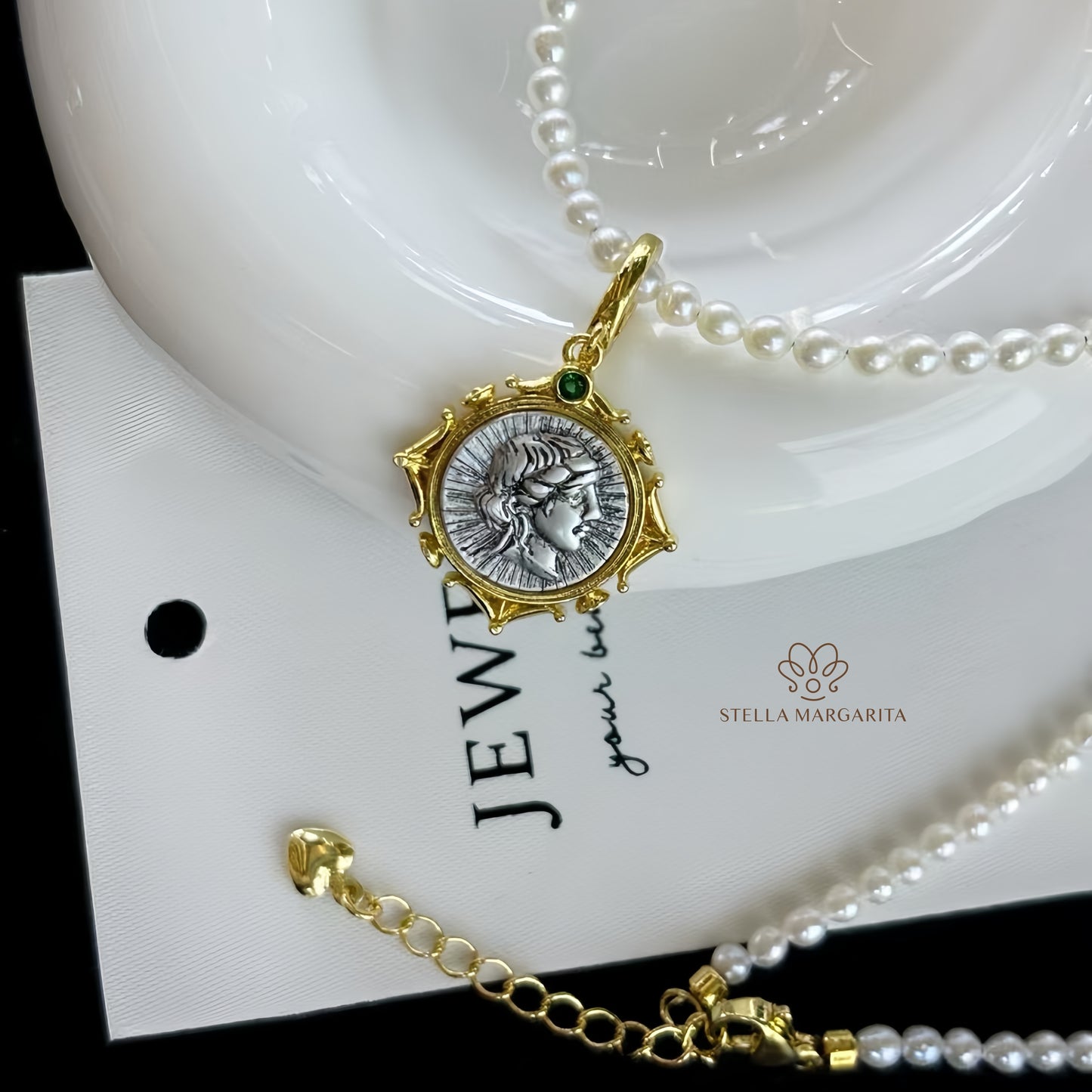 STELLA MARGARITA ancient roman coin pearl choker necklace with gold pendant and green gem detail