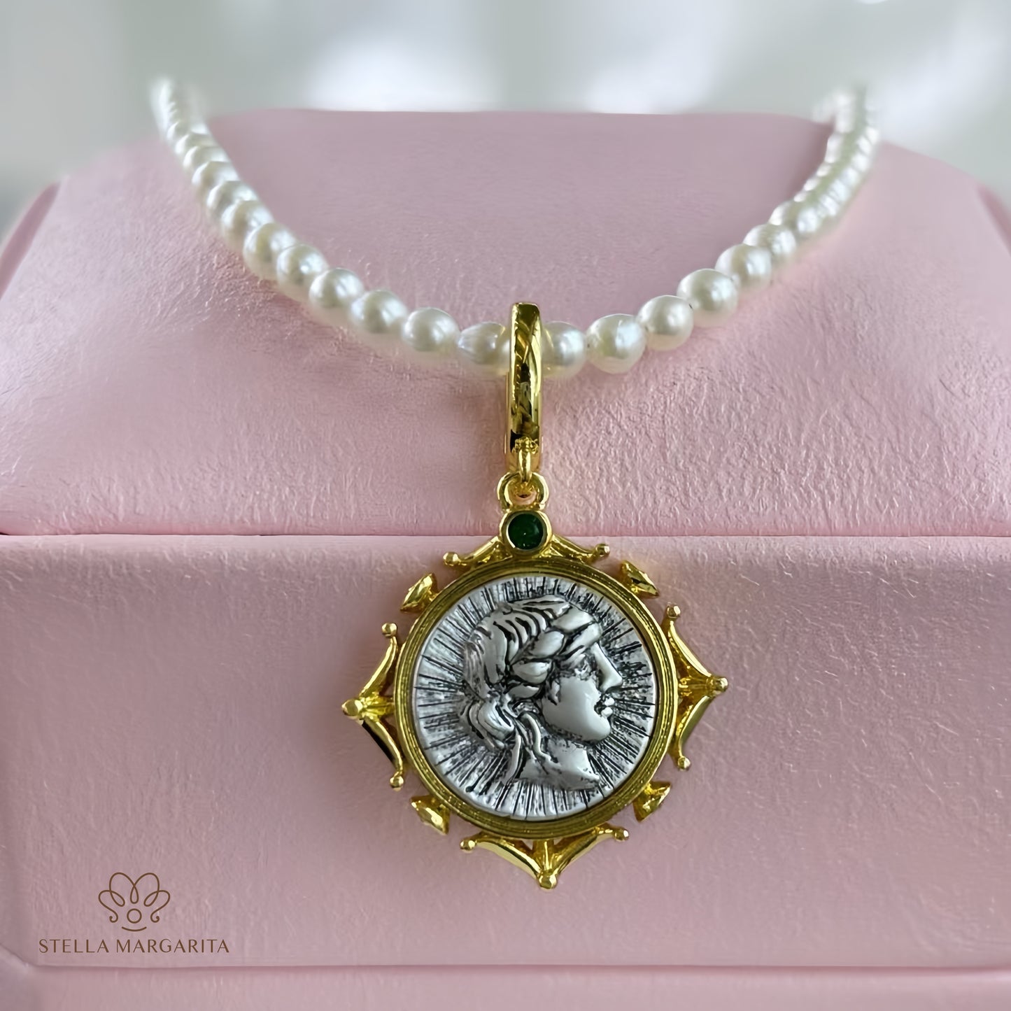 STELLA MARGARITA ancient roman coin pearl choker with gold setting and detailed coin pendant