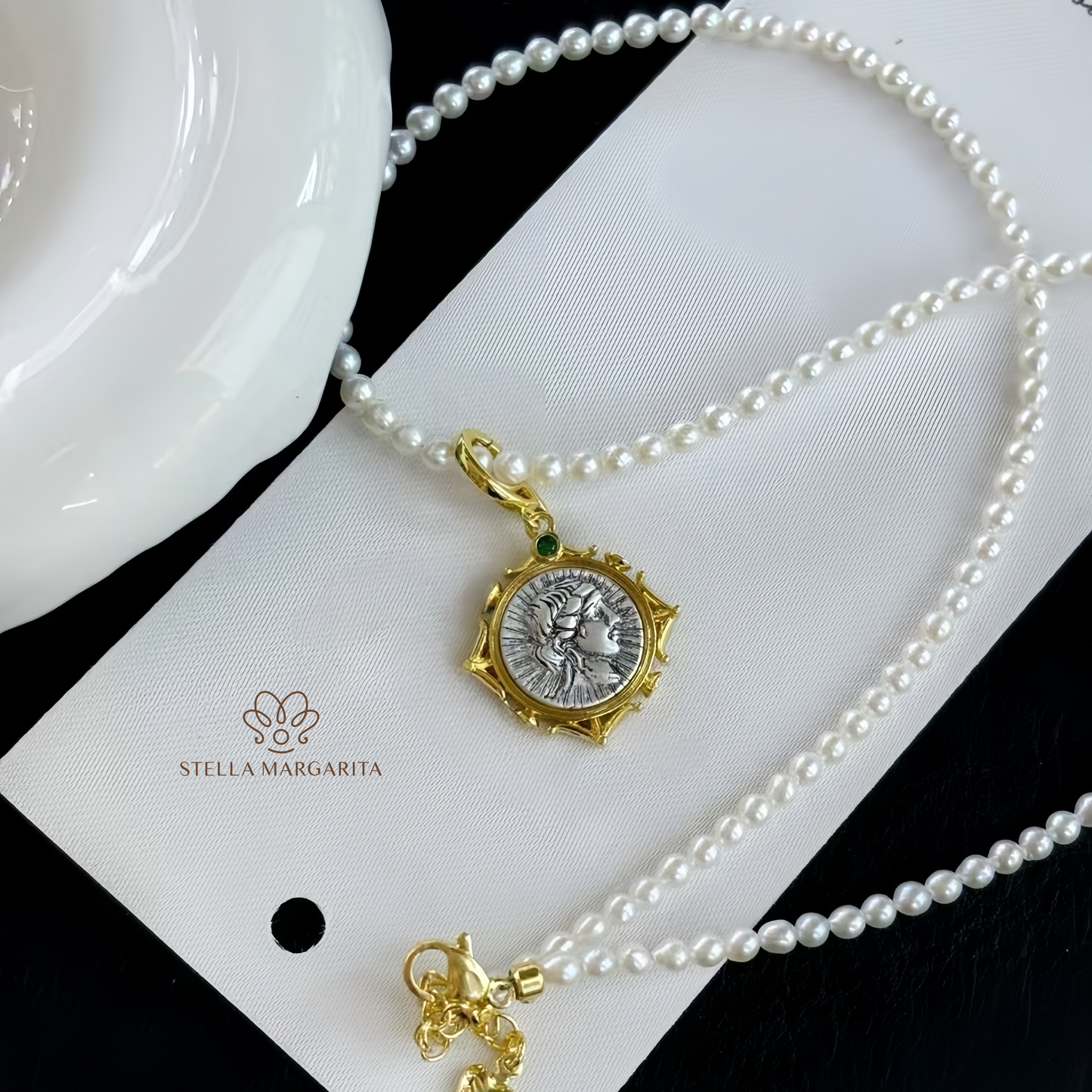 STELLA MARGARITA ancient roman coin pearl choker with gold-tone pendant and white pearls
