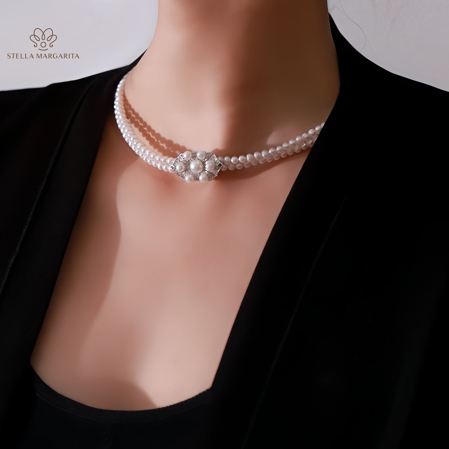 STELLA MARGARITA double layered bridal pearl choker with decorative centerpiece on model wearing black