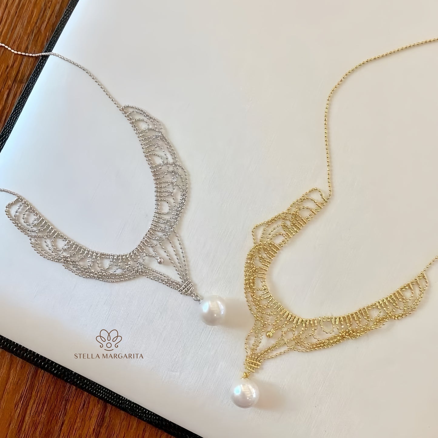 STELLA MARGARITA gold lace pearl choker necklace with intricate design and single pearl pendant