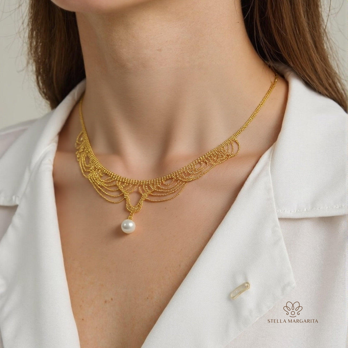 STELLA MARGARITA gold lace pearl choker necklace with intricate gold lace design and single pearl pendant