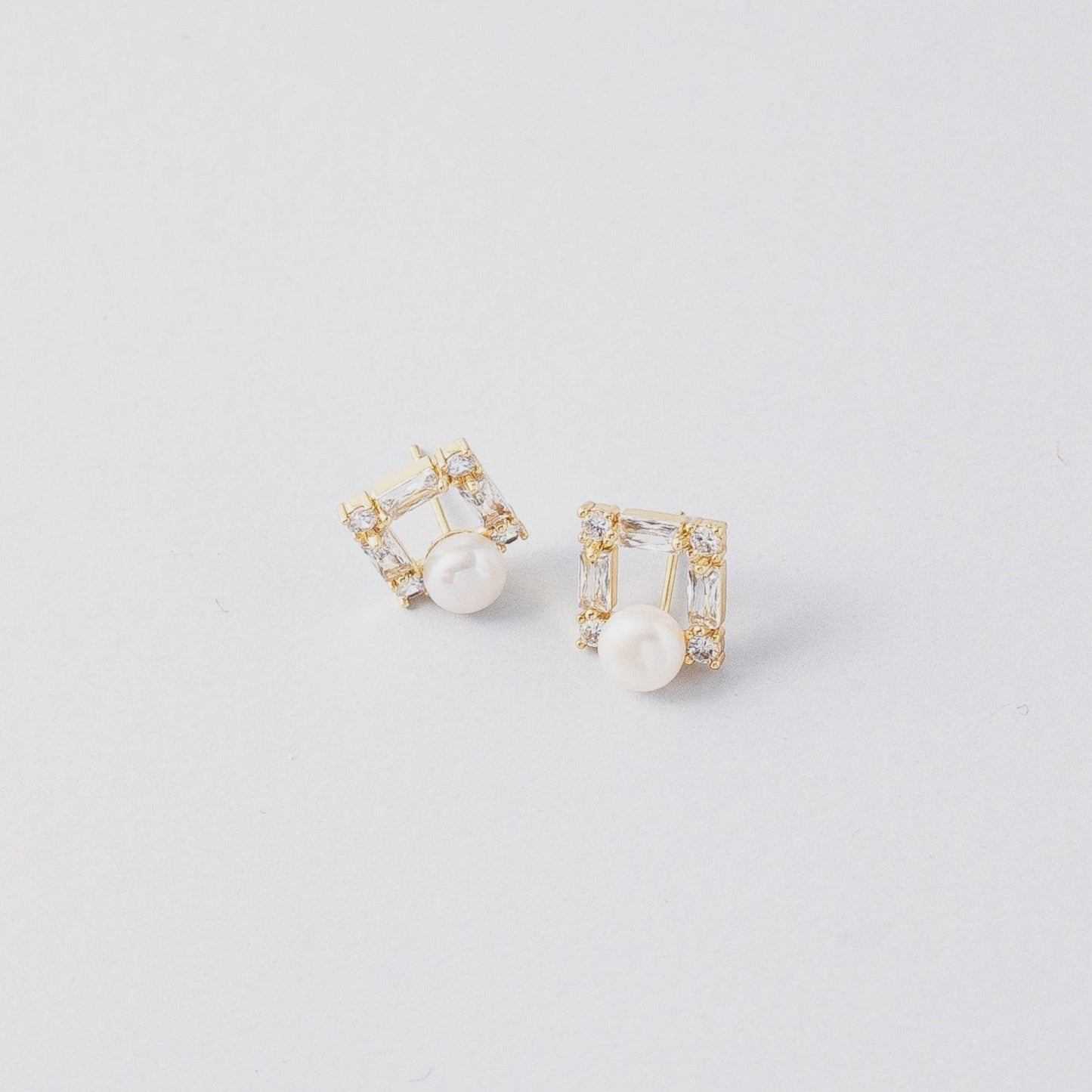 STELLA MARGARITA elegant square pearl stud earrings with gold and clear gemstone accents