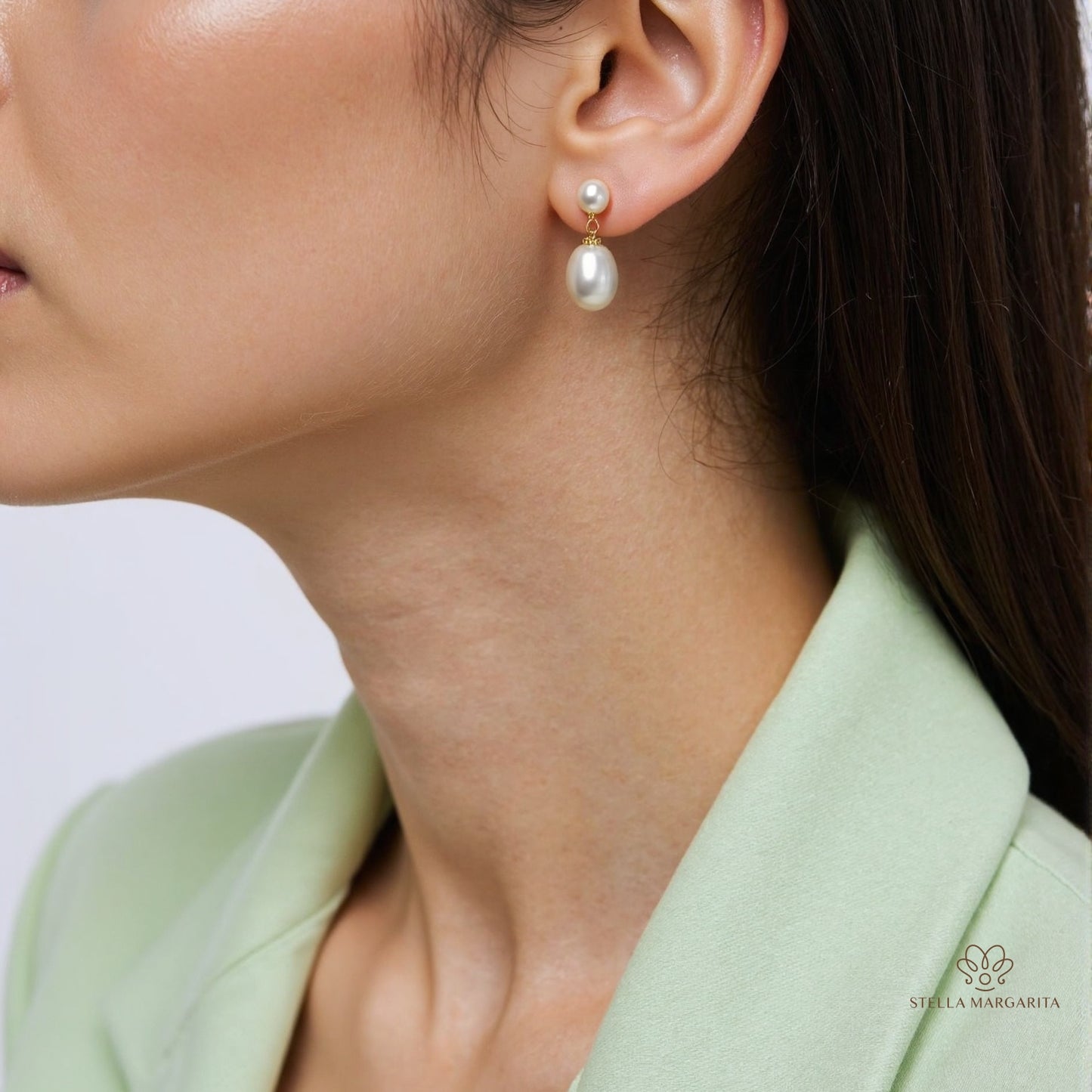 STELLA MARGARITA unique pearl earrings for women worn by model with green blazer
