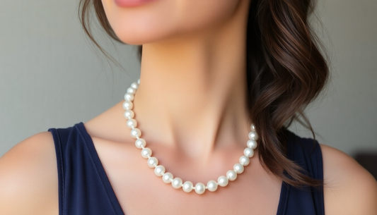 A woman styling a freshwater pearl necklace elegantly