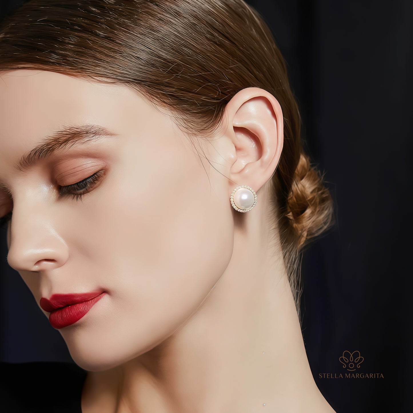 STELLA MARGARITA mabe pearl diamond rim earrings worn by woman with elegant makeup and hairstyle