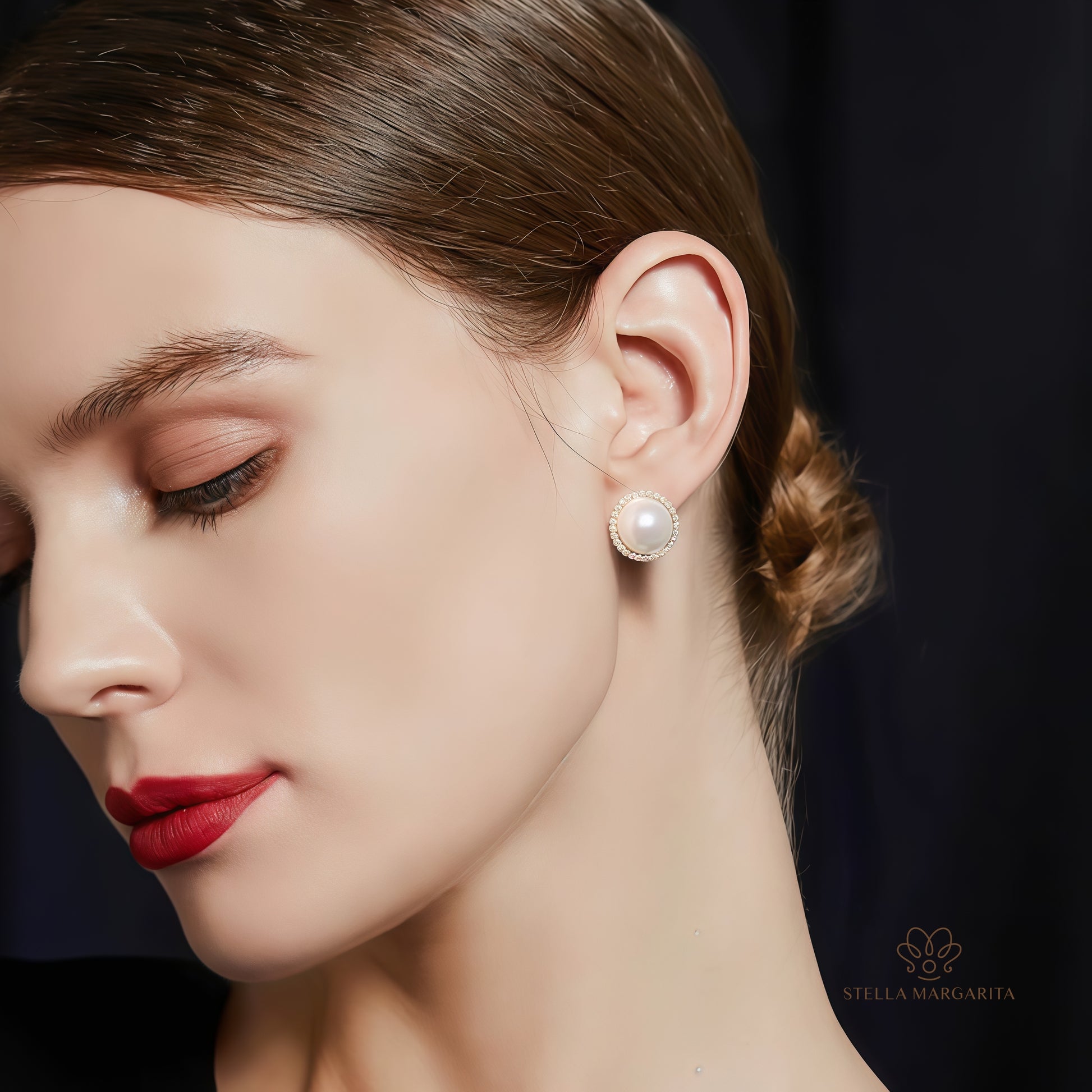 STELLA MARGARITA mabe pearl diamond rim earrings worn by woman with elegant makeup and hairstyle
