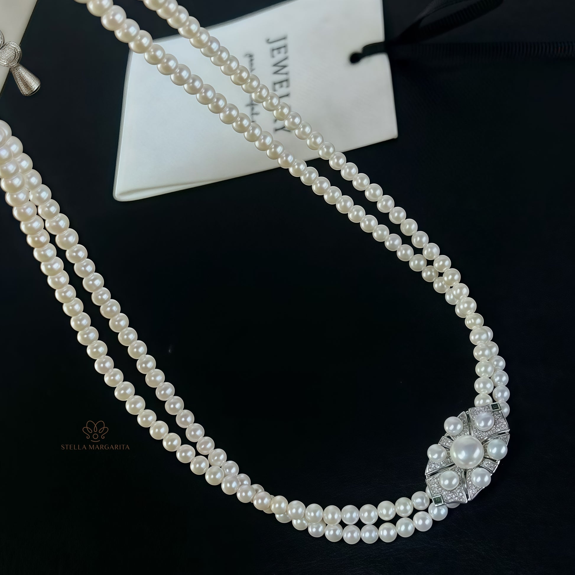 STELLA MARGARITA double layered bridal pearl choker with elegant white pearls and decorative centerpiece