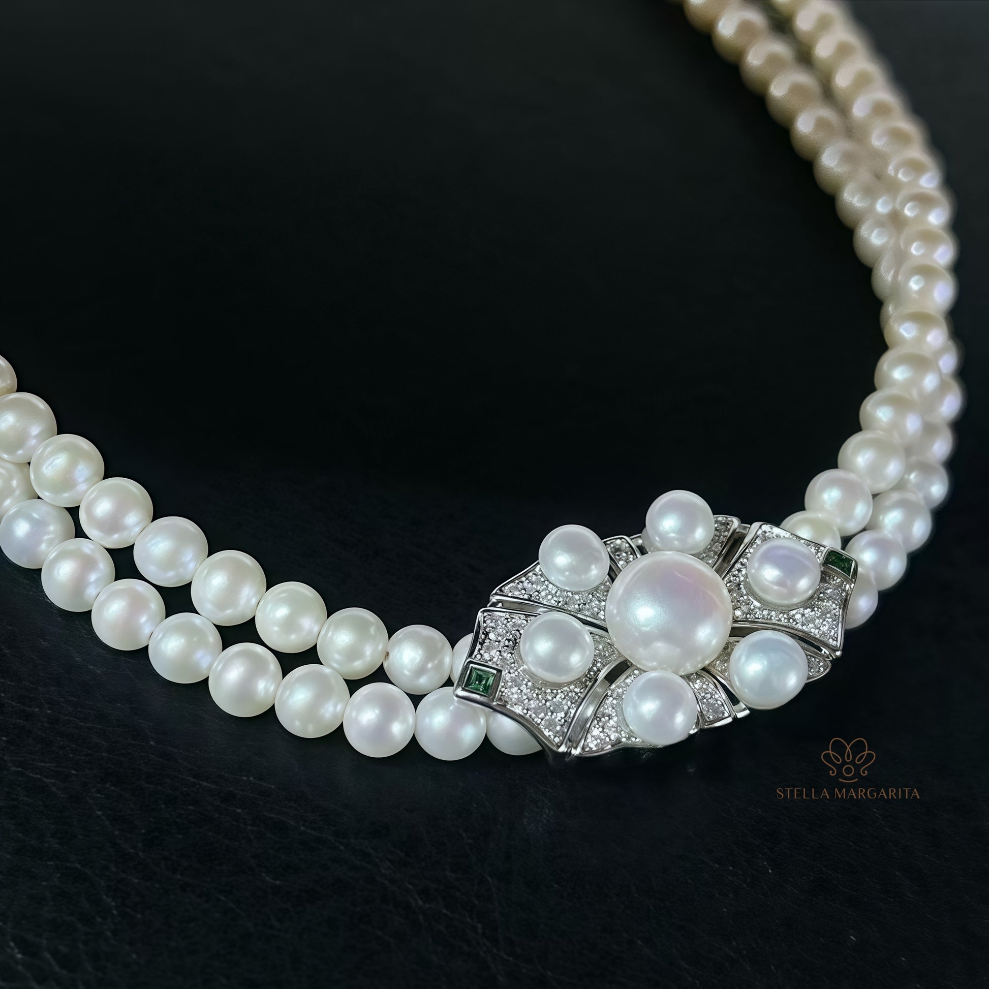 STELLA MARGARITA double layered bridal pearl choker with ornate pearl and crystal centerpiece on black background