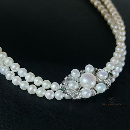 STELLA MARGARITA double layered bridal pearl choker with ornate pearl and crystal centerpiece on black background