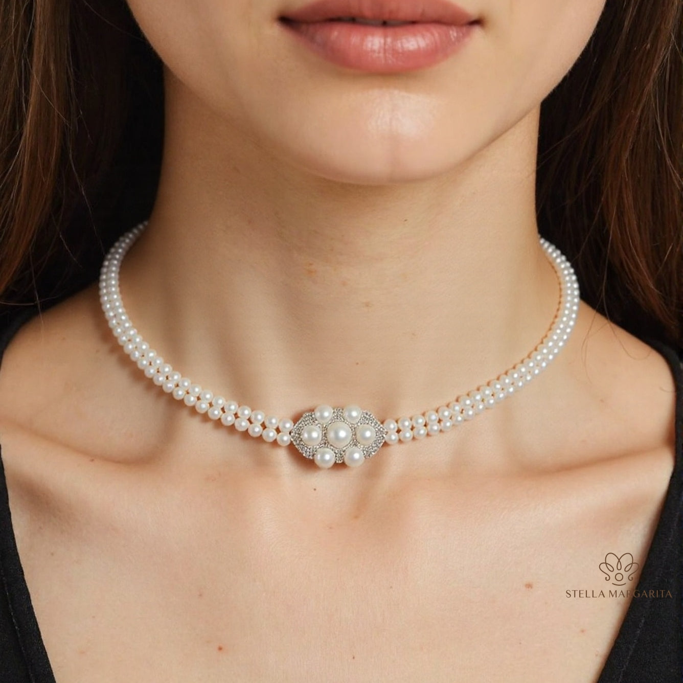 STELLA MARGARITA double layered bridal pearl choker with intricate pearl centerpiece on model