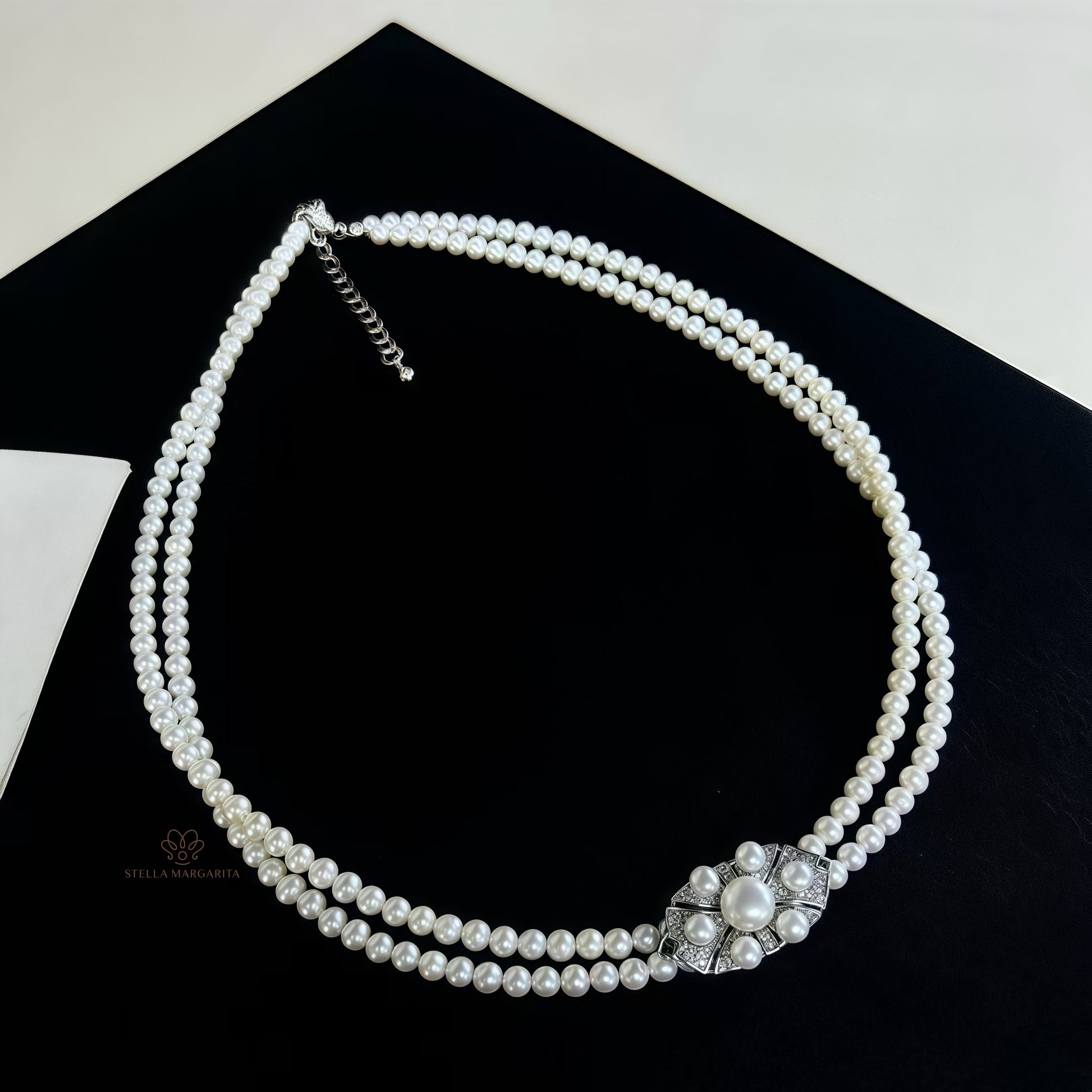 STELLA MARGARITA double layered bridal pearl choker with decorative centerpiece on black background
