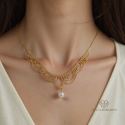 STELLA MARGARITA gold lace pearl choker necklace with delicate design and single pearl pendant