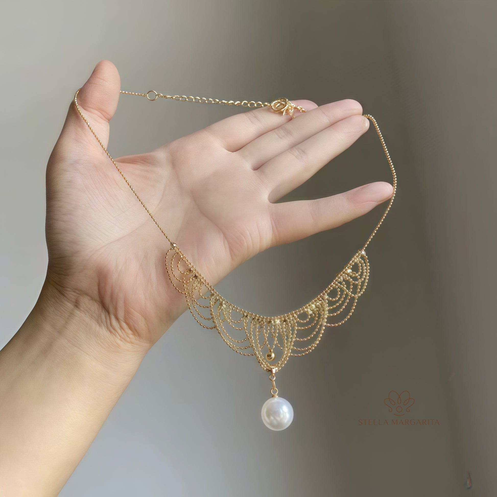 STELLA MARGARITA gold lace pearl choker necklace with delicate gold chains and a single large pearl pendant