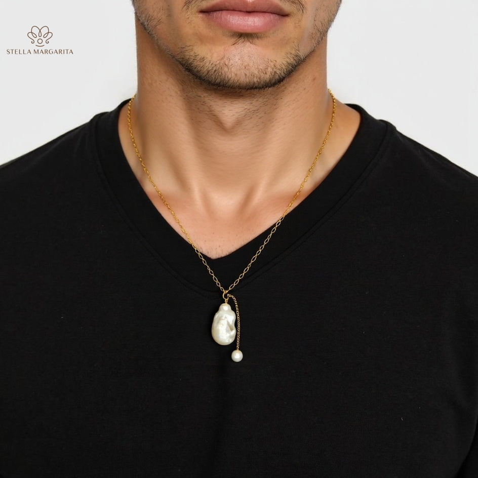 STELLA MARGARITA handcrafted pearl pendant necklace with gold chain worn on black shirt