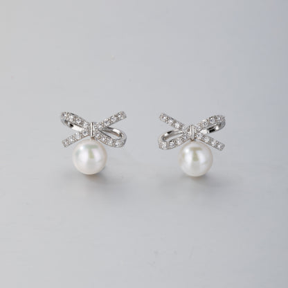 STELLA MARGARITA silver ribbon pearl stud earrings with sparkling crystals and white pearls
