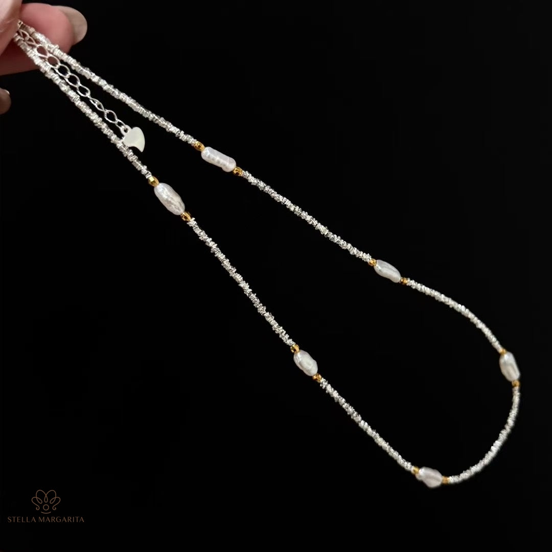 STELLA MARGARITA sterling silver baroque pearl choker with delicate chain and irregular pearls
