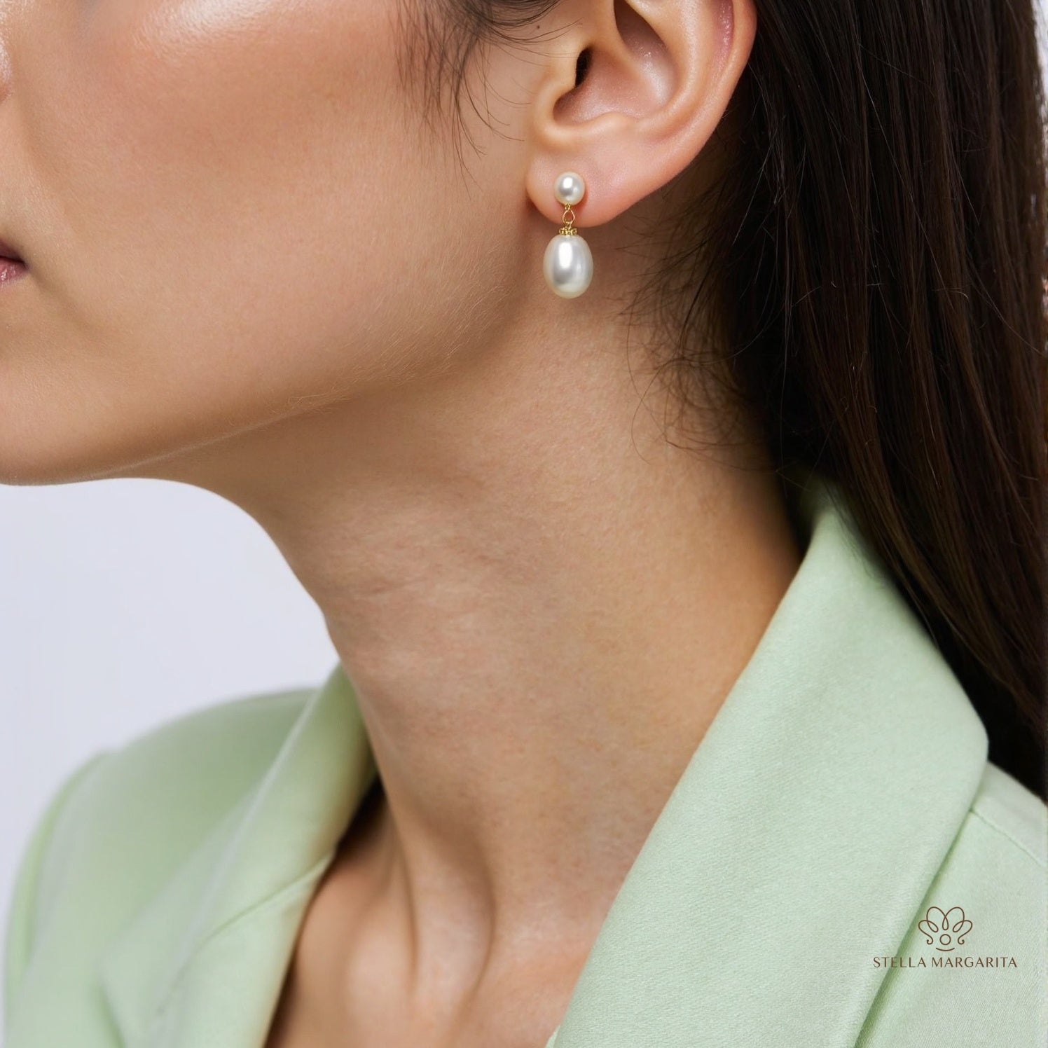 STELLA MARGARITA unique pearl earrings for women worn by model with green blazer