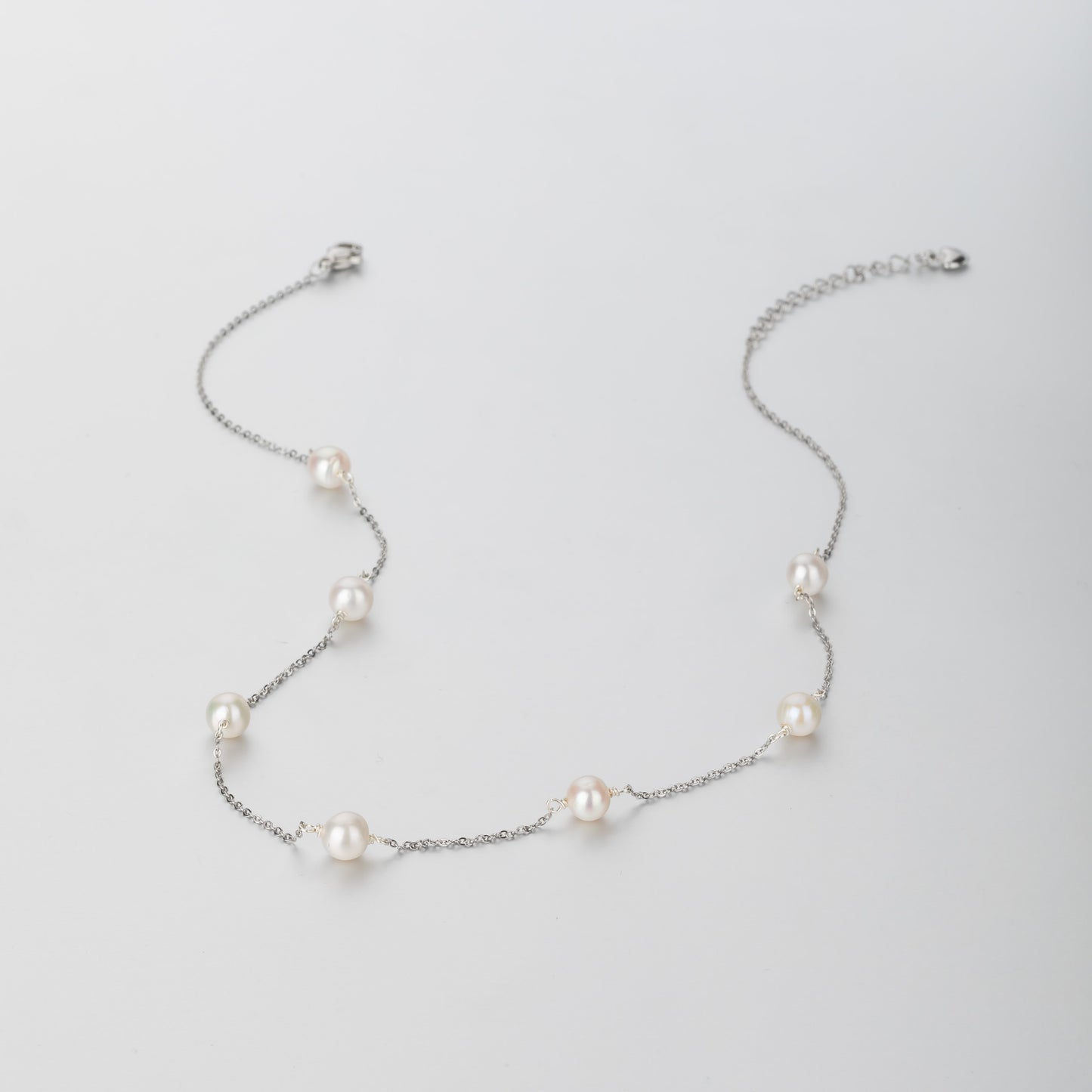 STELLA MARGARITA sterling silver freshwater pearl necklace with evenly spaced pearls on delicate chain